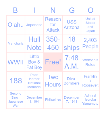 Pearl Harbor Bingo Card