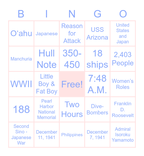 Pearl Harbor Bingo Card