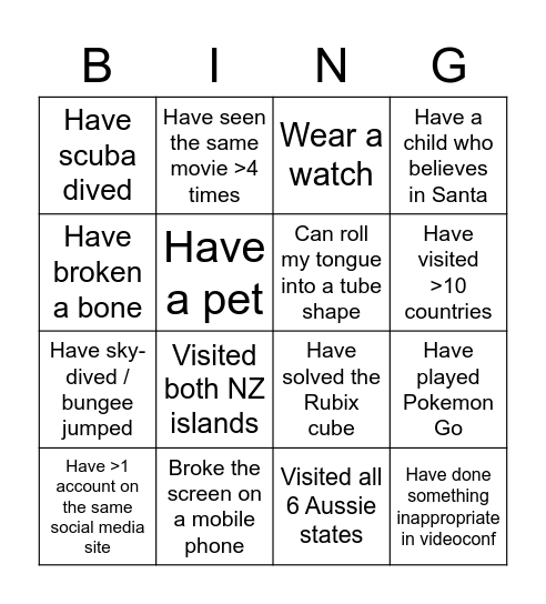 Experience Bingo 1/2 Bingo Card