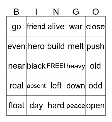 Antonyms Bingo Card