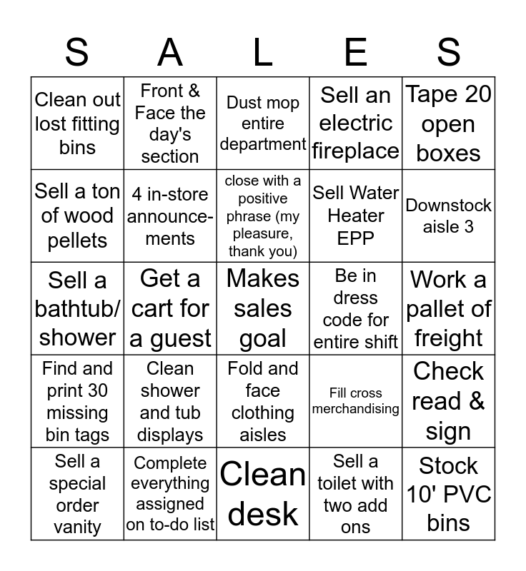 Tipp City Menards Bingo Card