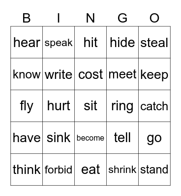 Irregular Verbs Bingo Card