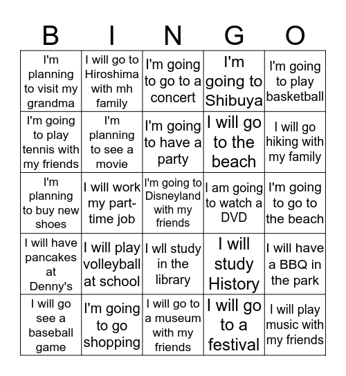 Ask your Nippa Classmates about this weekend Bingo Card