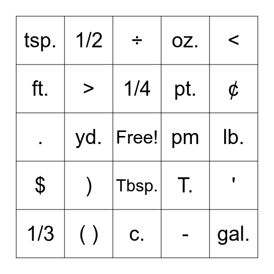 Math Symbols Bingo Card