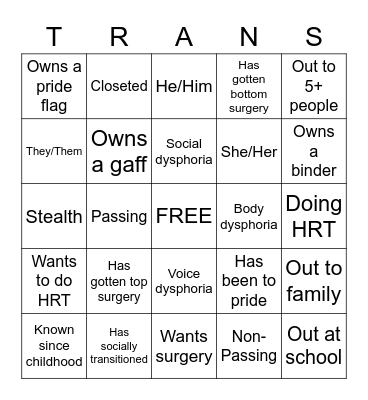 Transgender Bingo Card