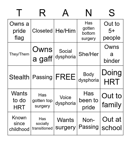 Transgender Bingo Card