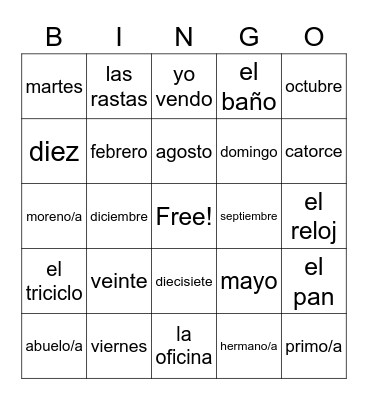 Vendo Pan and random vocab Bingo Card