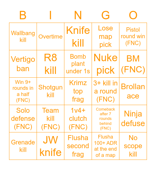 CS:GO Fnatic vs FaZe Clan Bingo Card