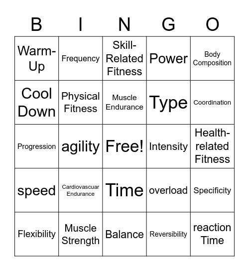 Fitness Concepts Bingo Card