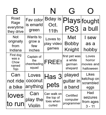 Get to know Me Bingo Card