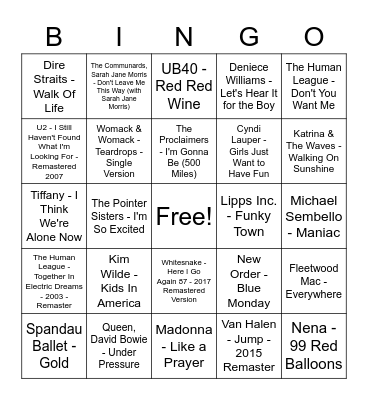80s Hits! Bingo Card