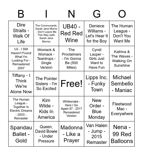 80s Hits! Bingo Card