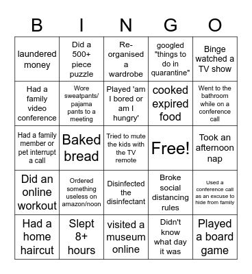 While I have been in quarantine I .... Bingo Card