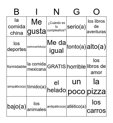 Spanish 1 Chapter 2 Bingo Card