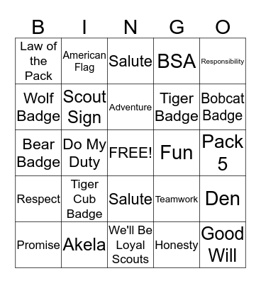 Pack 5 Tiger Cub Bingo Card