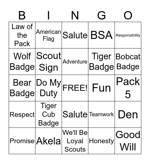 Pack 5 Tiger Cub Bingo Card