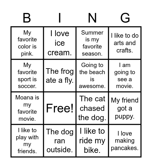 Fluency Bingo Card