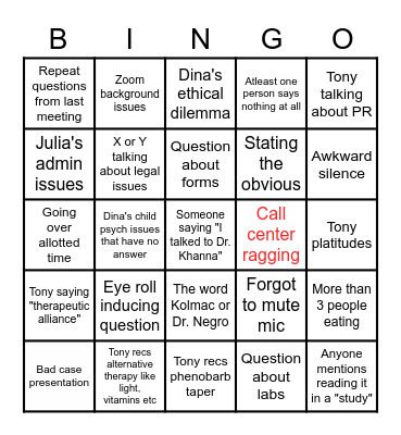 Mid-week entertainment Bingo Card