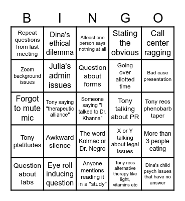 Mid-week entertainment Bingo Card