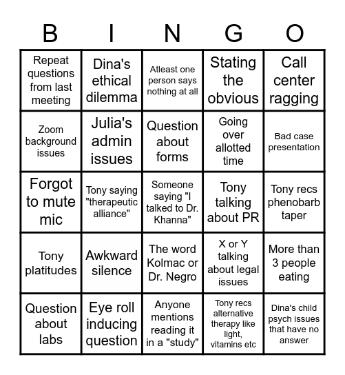 Mid-week entertainment Bingo Card