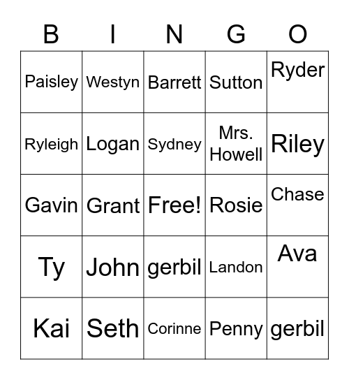 Mrs. Howell's class Bingo Card