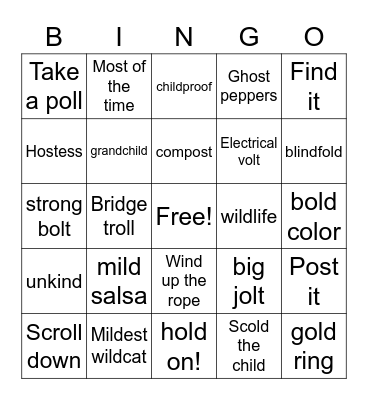 Kind Old Ghost words:  olt, old, oll, ind, ild, ost Bingo Card