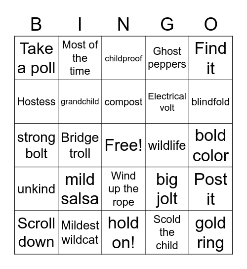 Kind Old Ghost words:  olt, old, oll, ind, ild, ost Bingo Card