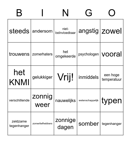 NIA H3 Niet iedereen houdt van zomers weer Bingo Card