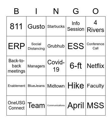 Virtual Lunch Hour Bingo Card