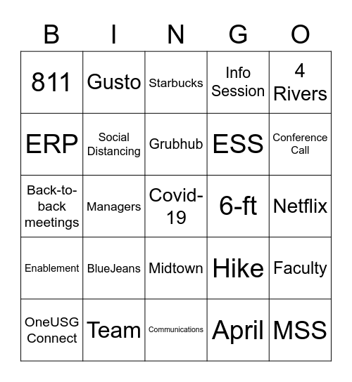 Virtual Lunch Hour Bingo Card