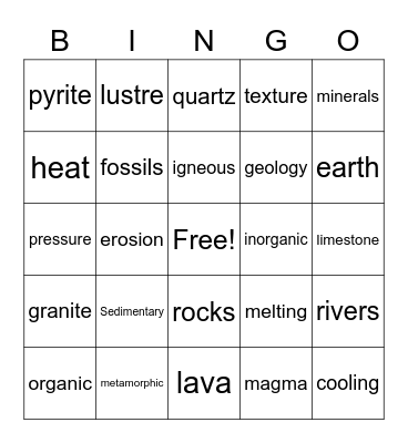 Rocks and Minerals Bingo Card