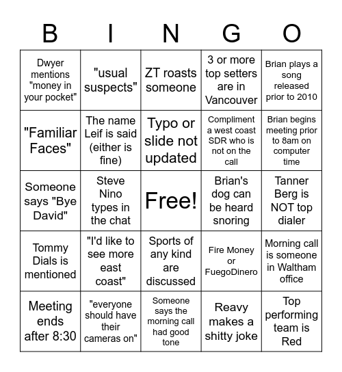 Morning Meeting BINGO Card