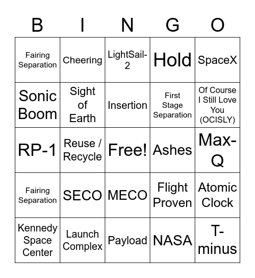 SpaceX Launch Viewing Bingo Card