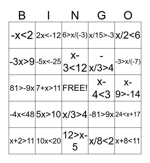 Inequalities Bingo Card