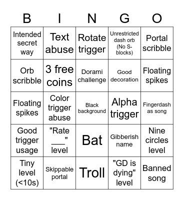 GD Recent Level Bingo Card