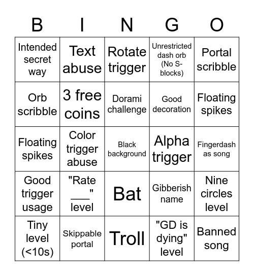 GD Recent Level Bingo Card