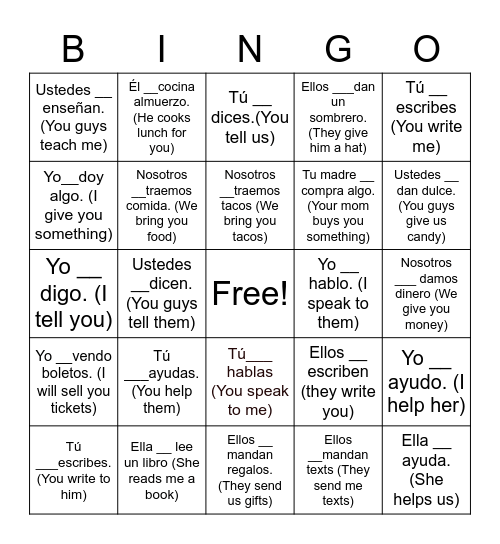 Indirect Object Pronouns Bingo Card