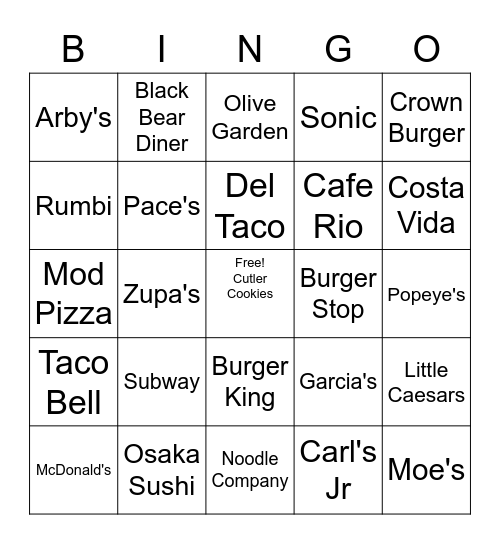 Layton Food Places Bingo Card