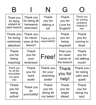 Thank You! Bingo Card
