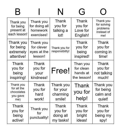 Thank You! Bingo Card
