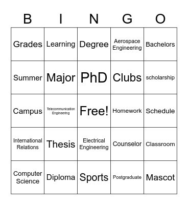 University Bingo Card