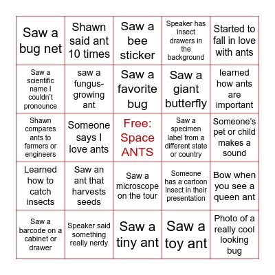Ant Nerd Night Bingo Card