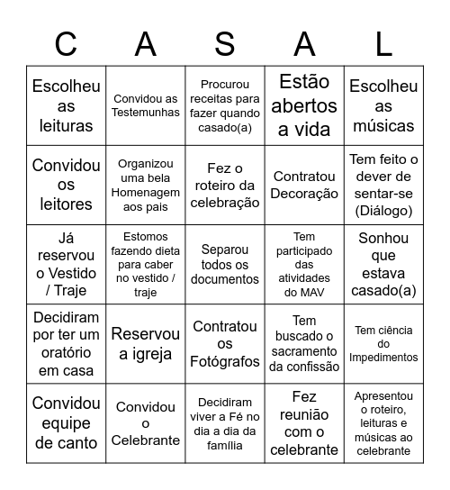 Preparação para o Matrimônio Bingo Card