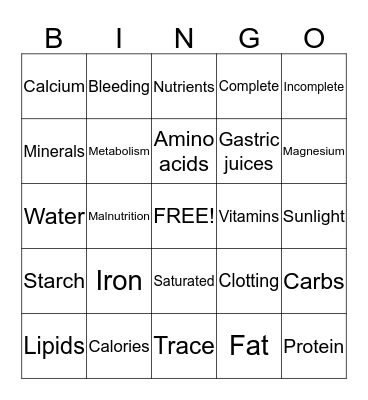 Nutrition bingo Card