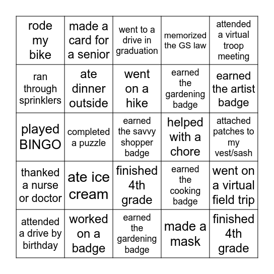 Troop 2352 Summer BINGO Card