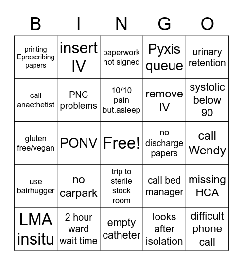 PACU BINGO Card