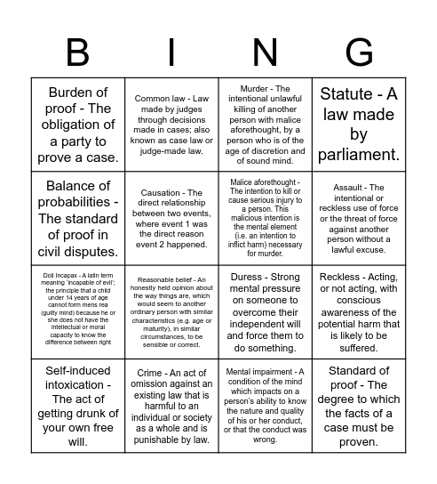 Murder & Assault Bingo Card