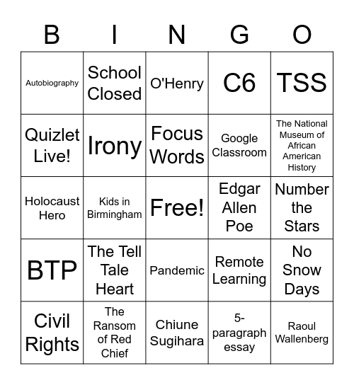 T1 ELA-Year in Review Bingo Card