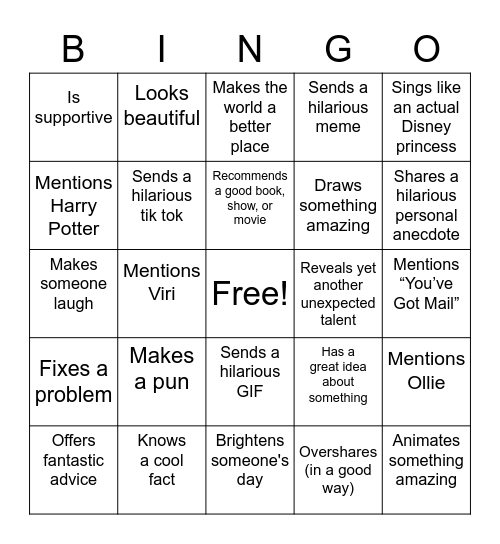 Happiness from home: Meghan Bingo Card