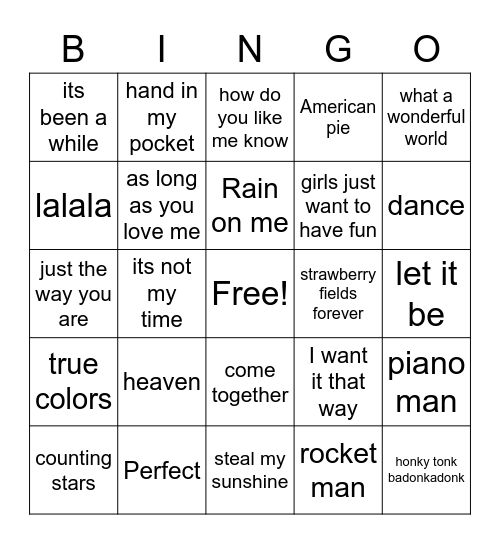 music bingo Card